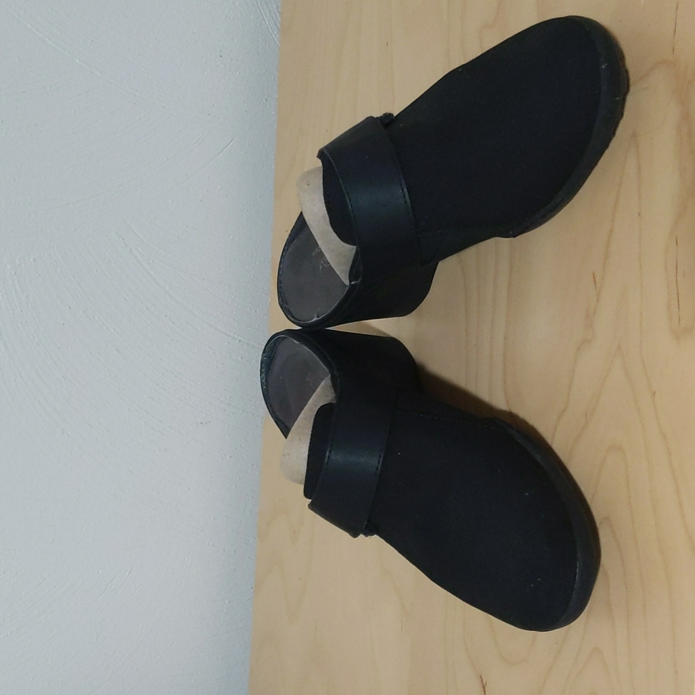 Aerosols heels first slip ons in black with Velcro strap through front